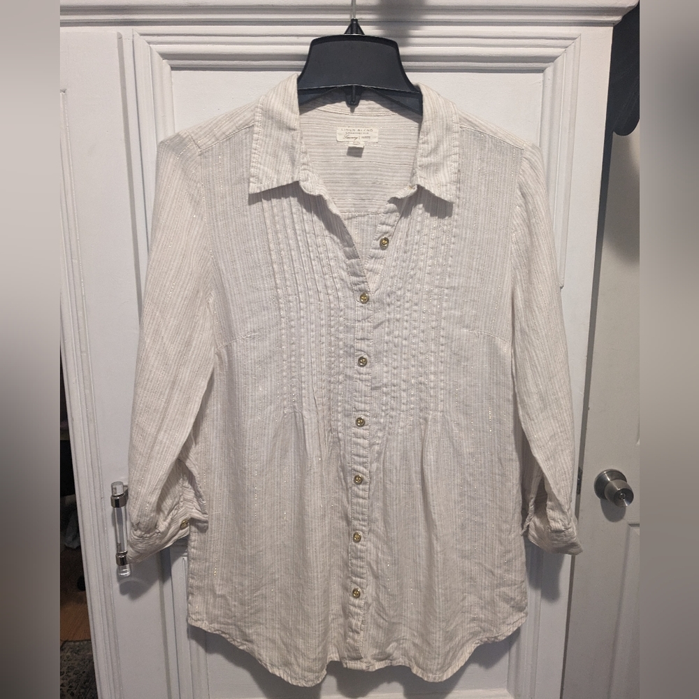 Charter Club Luxury linen blend (99% linen) roll tab sleeve button up tan